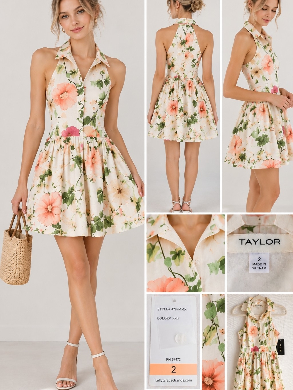 NWT Taylor Floral Halter Fit & Flare Cotton Dress Size 2 Ivory Pink